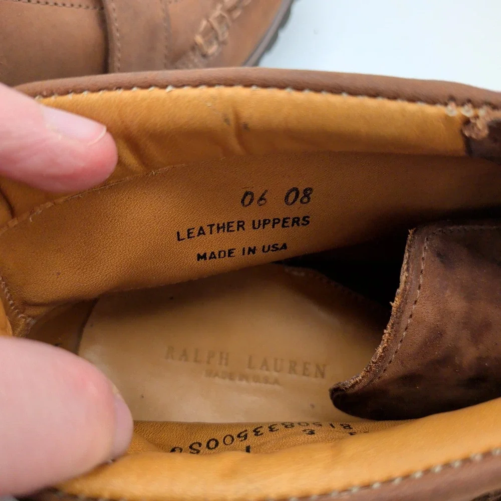 Ralph Lauren Mens Ranger Buckle Moc Toe Boots Brown Leather Vibram USA 13